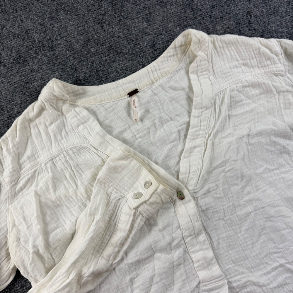 Free People Blouse XS White Gauze Long Sleeve Raw Hem V-Neck Women